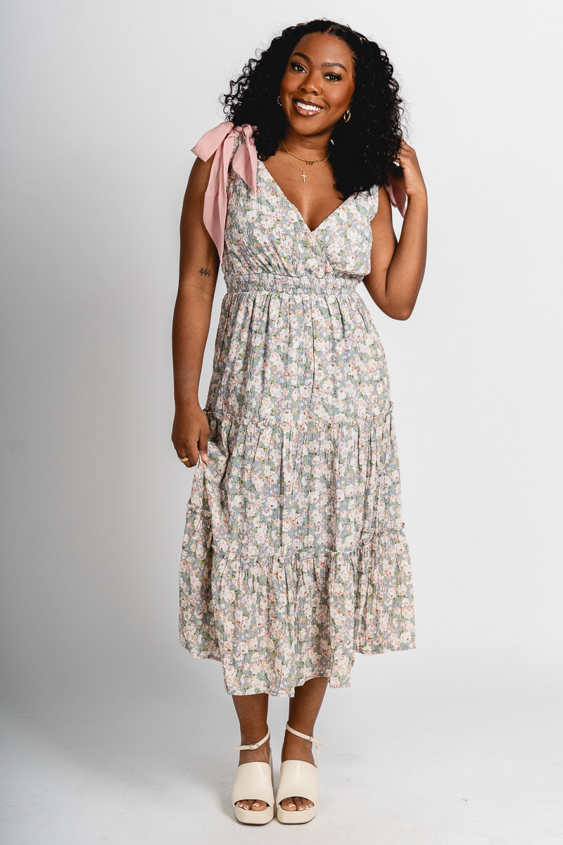 Floral crinkle midi dress dusty blue - Cute dress - Trendy Easter Clothing Line at Lush Fashion Lounge Boutique in Oklahoma