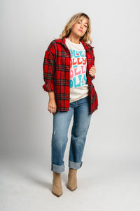 Plaid flannel shacket red multi – Fashionable Jackets | Trendy Blazers at Lush Fashion Lounge Boutique in Oklahoma City