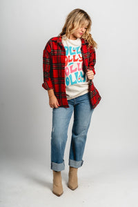 Plaid flannel shacket red multi – Unique Blazers | Cute Blazers For Women at Lush Fashion Lounge Boutique in Oklahoma City
