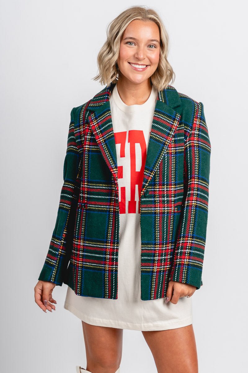 Plaid flannel blazer green/red - Trendy Holiday Apparel at Lush Fashion Lounge Boutique in Oklahoma City