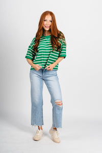 Oversized striped top green/oatmeal - Trendy St. Patrick's T-Shirts at Lush Fashion Lounge Boutique in Oklahoma City