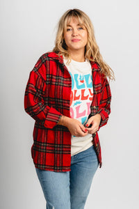 Plaid flannel shacket red multi – Trendy Jackets | Cute Fashion Blazers at Lush Fashion Lounge Boutique in Oklahoma City