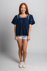 Puff sleeve babydoll top navy - Stylish Top - Trendy American Summer Fashion at Lush Fashion Lounge Boutique in Oklahoma