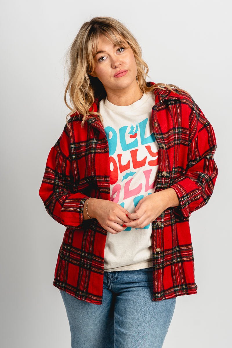 Plaid flannel shacket red multi – Affordable Blazers | Cute Black Jackets at Lush Fashion Lounge Boutique in Oklahoma City