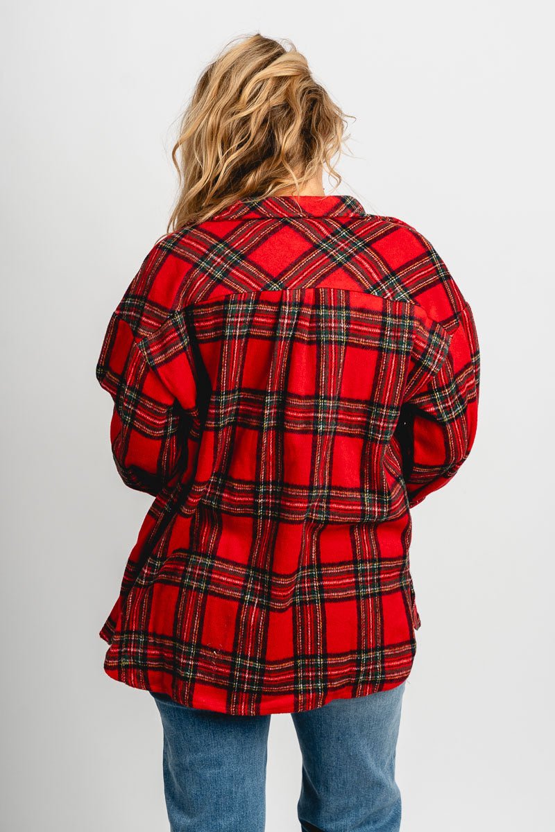 Plaid flannel shacket red multi