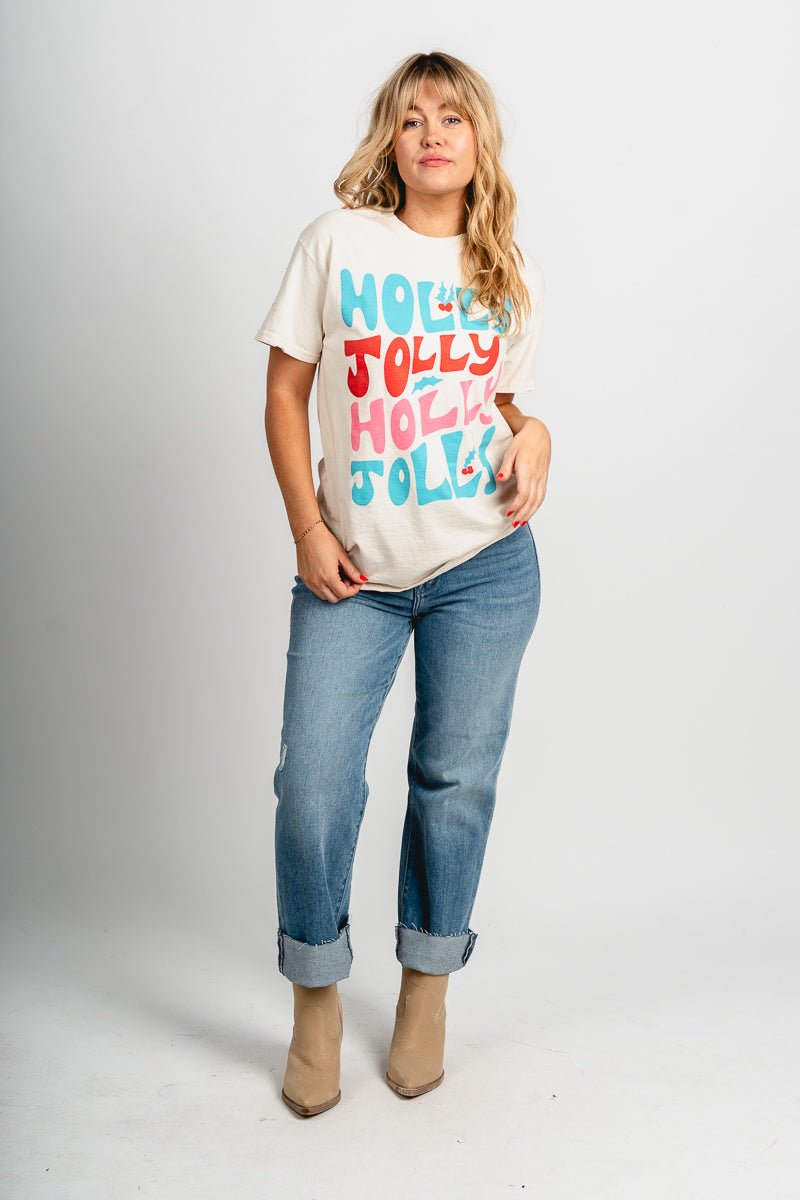 Holly Jolly repeater t-shirt off white - Exclusive Collection of Holiday Inspired T-Shirts and Hoodies at Lush Fashion Lounge Boutique in Oklahoma City