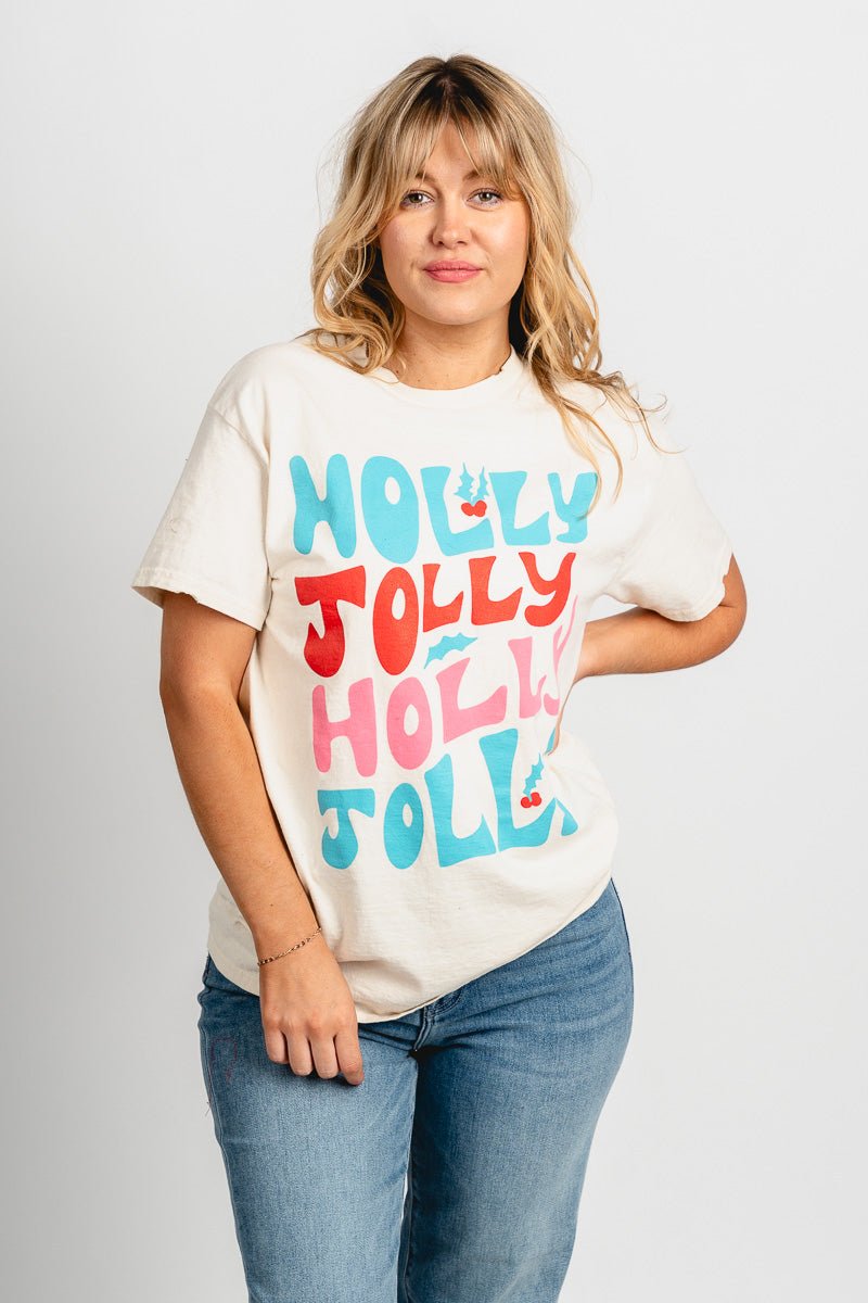 Holly Jolly repeater t-shirt off white - Trendy Holiday Apparel at Lush Fashion Lounge Boutique in Oklahoma City