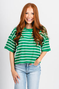 Oversized striped top green/oatmeal - Trendy T-Shirts for St. Patrick's Day at Lush Fashion Lounge Boutique in Oklahoma City