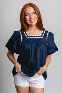 Puff sleeve babydoll top navy - Trendy Top - Cute American Summer Collection at Lush Fashion Lounge Boutique in Oklahoma City