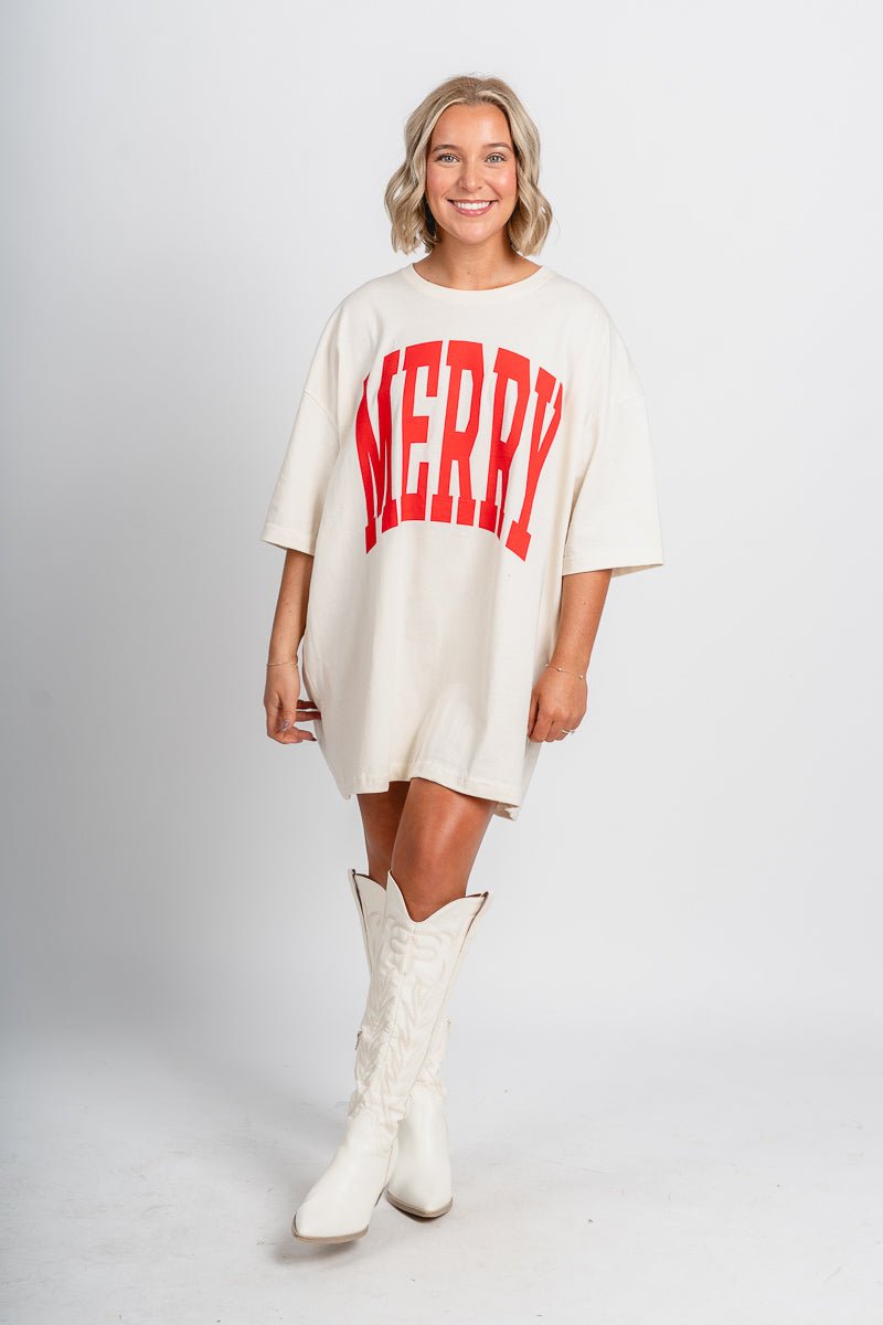 MERRY oversized tee off white - Exclusive Collection of Holiday Inspired T-Shirts and Hoodies at Lush Fashion Lounge Boutique in Oklahoma City
