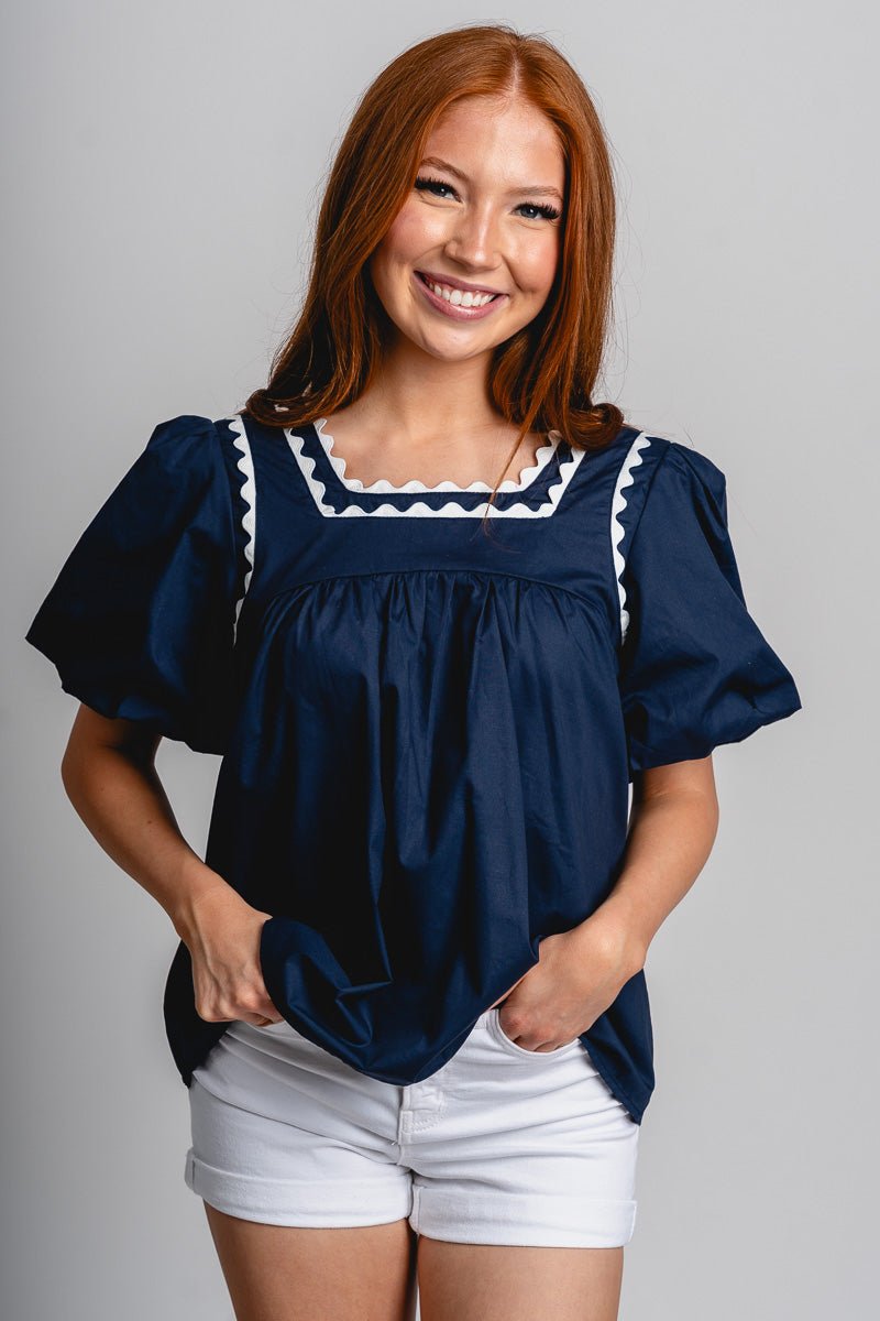 Puff sleeve babydoll top navy - Cute Top - Fun American Summer Outfits at Lush Fashion Lounge Boutique in Oklahoma City