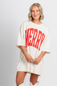 MERRY oversized tee off white - Trendy Holiday Apparel at Lush Fashion Lounge Boutique in Oklahoma City