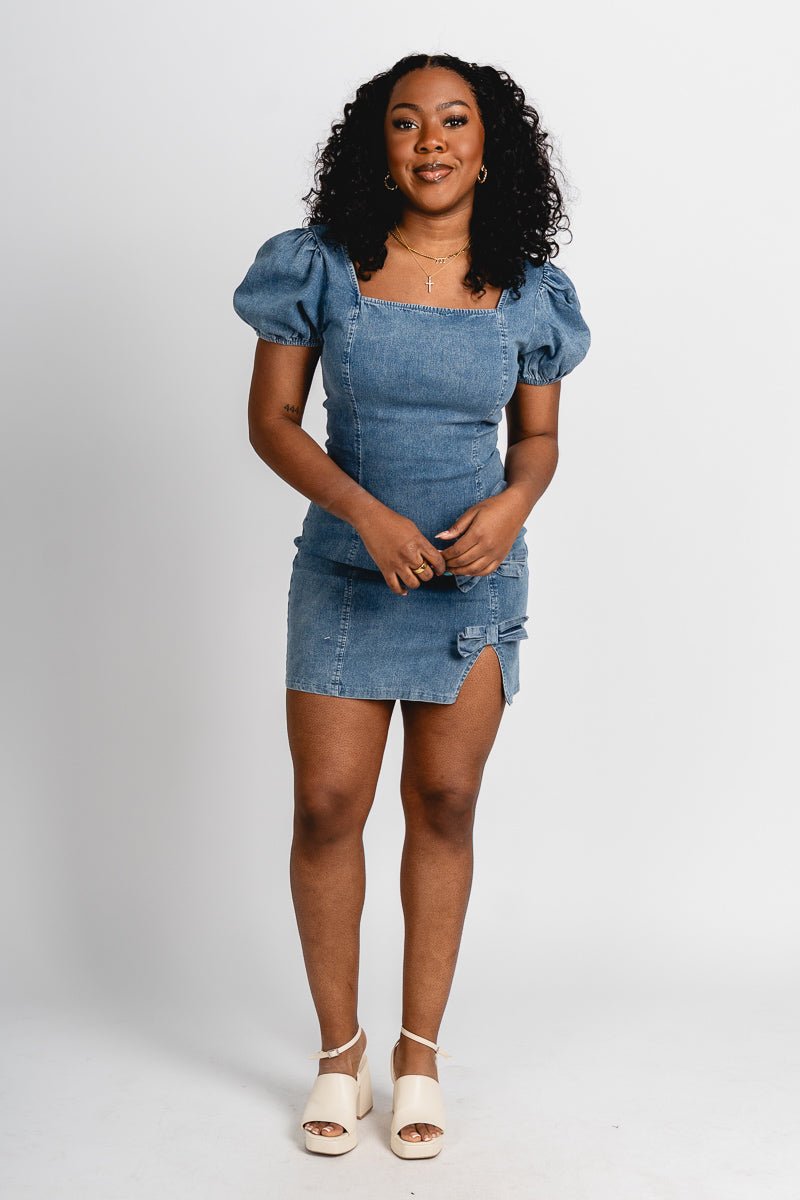 Puff sleeve denim dress washed denim - Trendy dress - Fashion Dresses at Lush Fashion Lounge Boutique in Oklahoma City