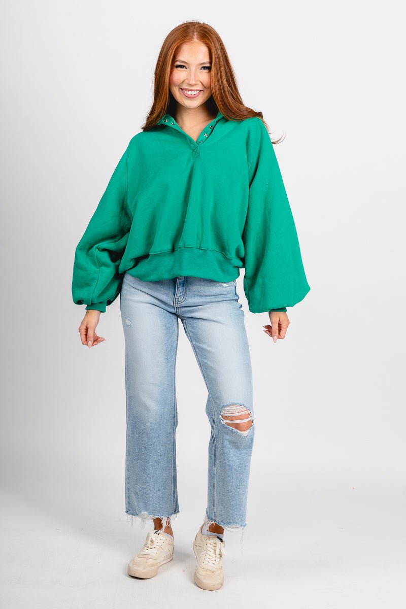 Collared oversized sweatshirt green - Stylish Sweatshirt - Trendy Lounge Sets at Lush Fashion Lounge Boutique in Oklahoma City