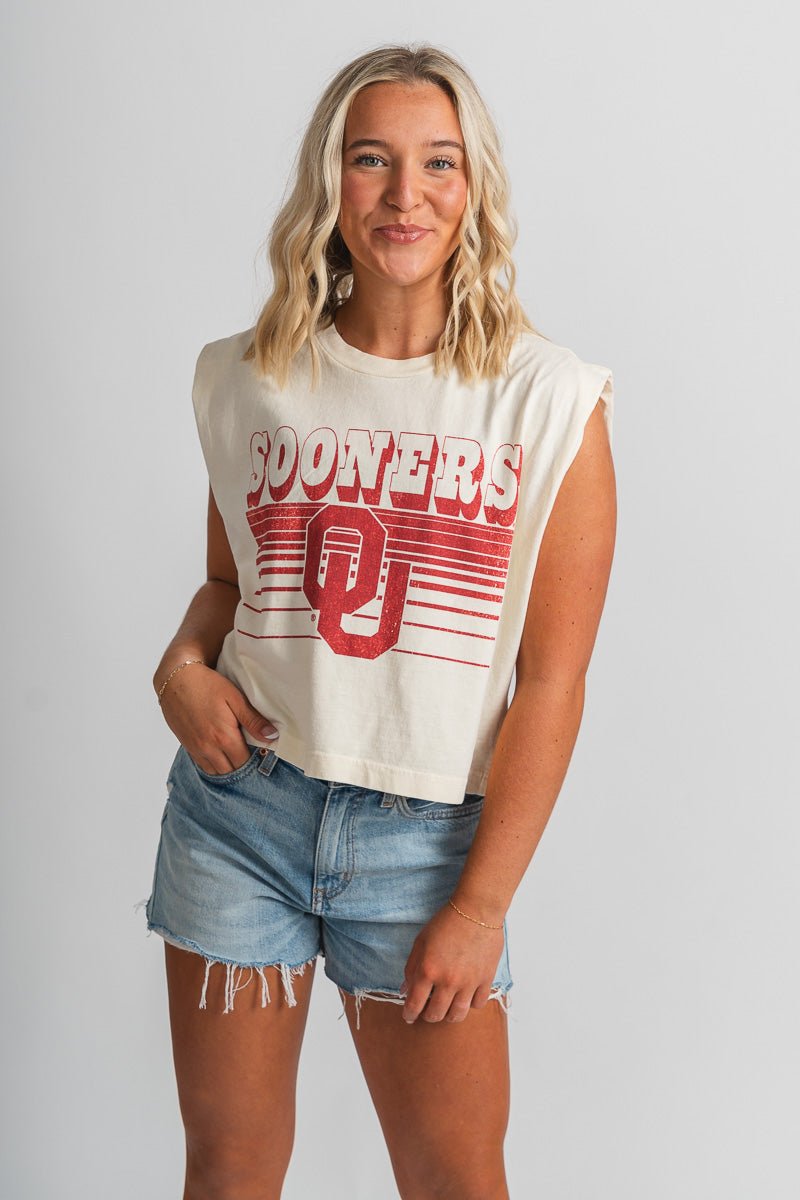 OU OU Sooners logo lines muscle tank top natural Tank Top | Lush Fashion Lounge Trendy Oklahoma University Sooners Apparel & Cute Gameday T-Shirts