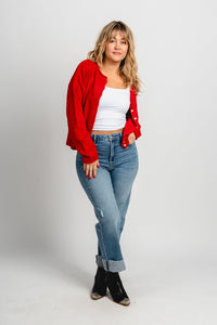 Button down sweater cardigan red - Trendy Cardigan - Fashion Cardigans & Cute Kimonos at Lush Fashion Lounge Boutique in Oklahoma City