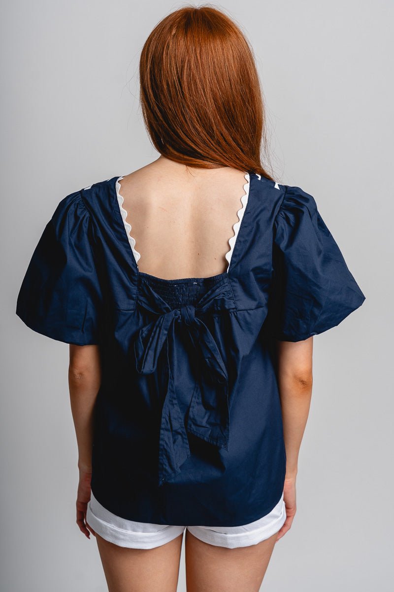Puff sleeve babydoll top navy - Adorable Top - Stylish Patriotic Summer Graphic Tees at Lush Fashion Lounge Boutique in OKC