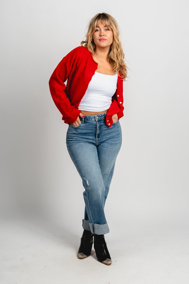 Button down sweater cardigan red – Unique Sweaters | Lounging Sweaters and Womens Fashion Sweaters at Lush Fashion Lounge Boutique in Oklahoma City