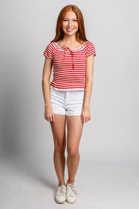 Lace trim striped top red/white - Stylish top - Trendy American Summer Fashion at Lush Fashion Lounge Boutique in Oklahoma