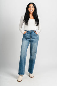 Hidden Tracy high rise straight jeans medium blue | Lush Fashion Lounge: boutique women's jeans, fashion jeans for women, affordable fashion jeans, cute boutique jeans