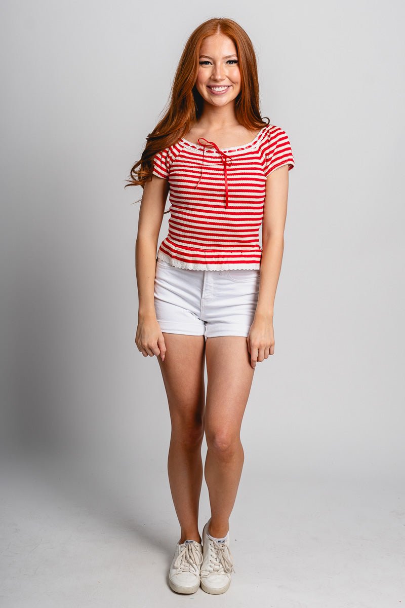 Lace trim striped top red/white - Fun top - Unique American Summer Ideas at Lush Fashion Lounge Boutique in Oklahoma