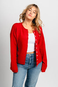 Button down sweater cardigan red - Affordable Cardigan - Boutique Cardigans & Trendy Kimonos at Lush Fashion Lounge Boutique in Oklahoma City