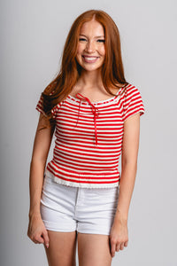 Lace trim striped top red/white - Trendy top - Cute American Summer Collection at Lush Fashion Lounge Boutique in Oklahoma City