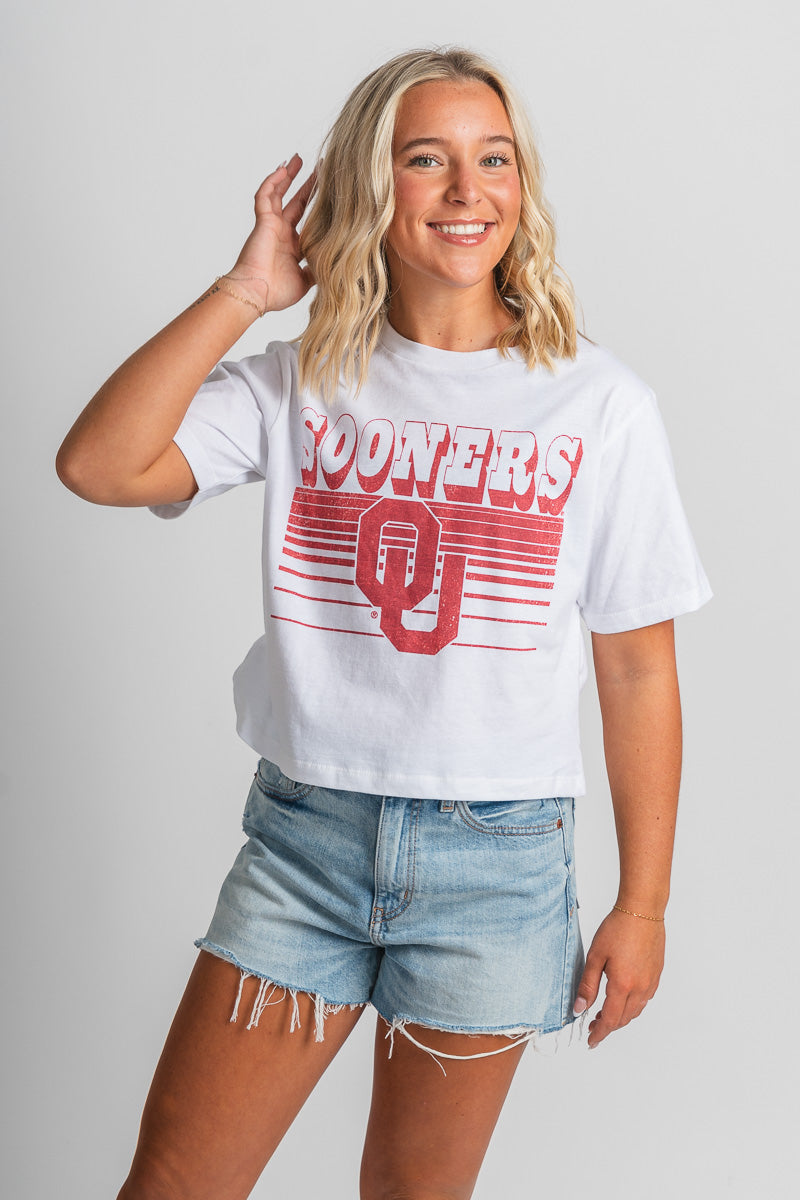 OU OU Sooners logo lines crop t-shirt white t-shirt | Lush Fashion Lounge Trendy Oklahoma University Sooners Apparel & Cute Gameday T-Shirts