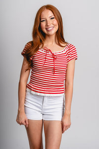 Lace trim striped top red/white - Adorable top - Stylish Patriotic Summer Graphic Tees at Lush Fashion Lounge Boutique in OKC