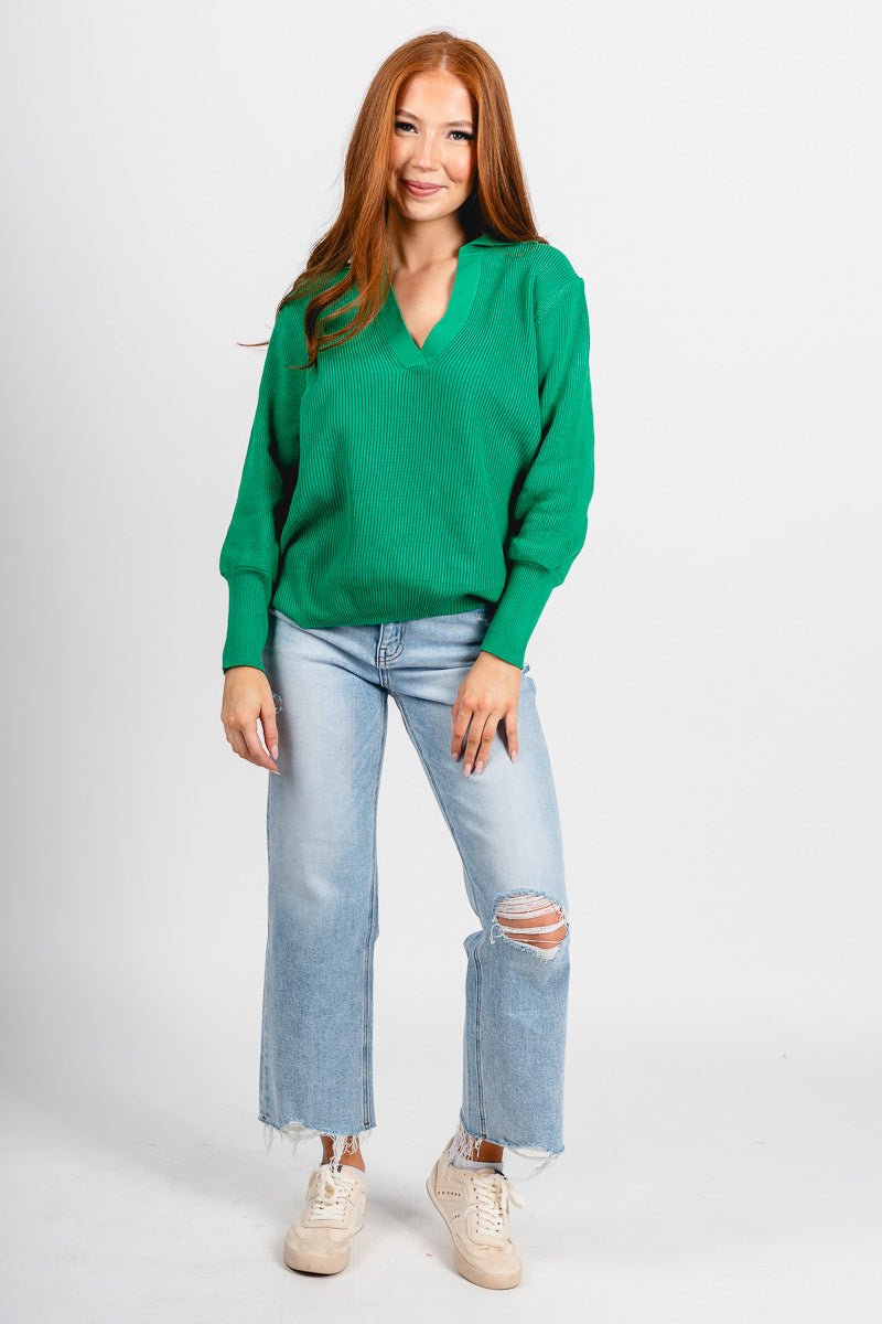 Collared v-neck sweater green - Trendy Sweaters | Cute Pullover Sweaters at Lush Fashion Lounge Boutique in Oklahoma City