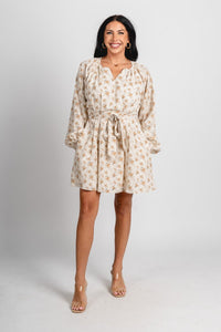 Floral long sleeve dress cream - Trendy dress - Fashion Dresses at Lush Fashion Lounge Boutique in Oklahoma City