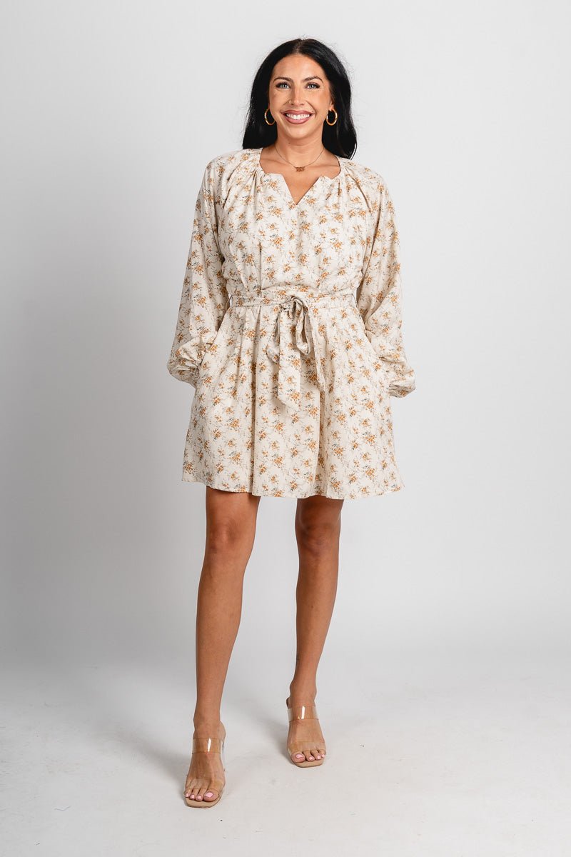 Floral long sleeve dress cream - Trendy dress - Fashion Dresses at Lush Fashion Lounge Boutique in Oklahoma City