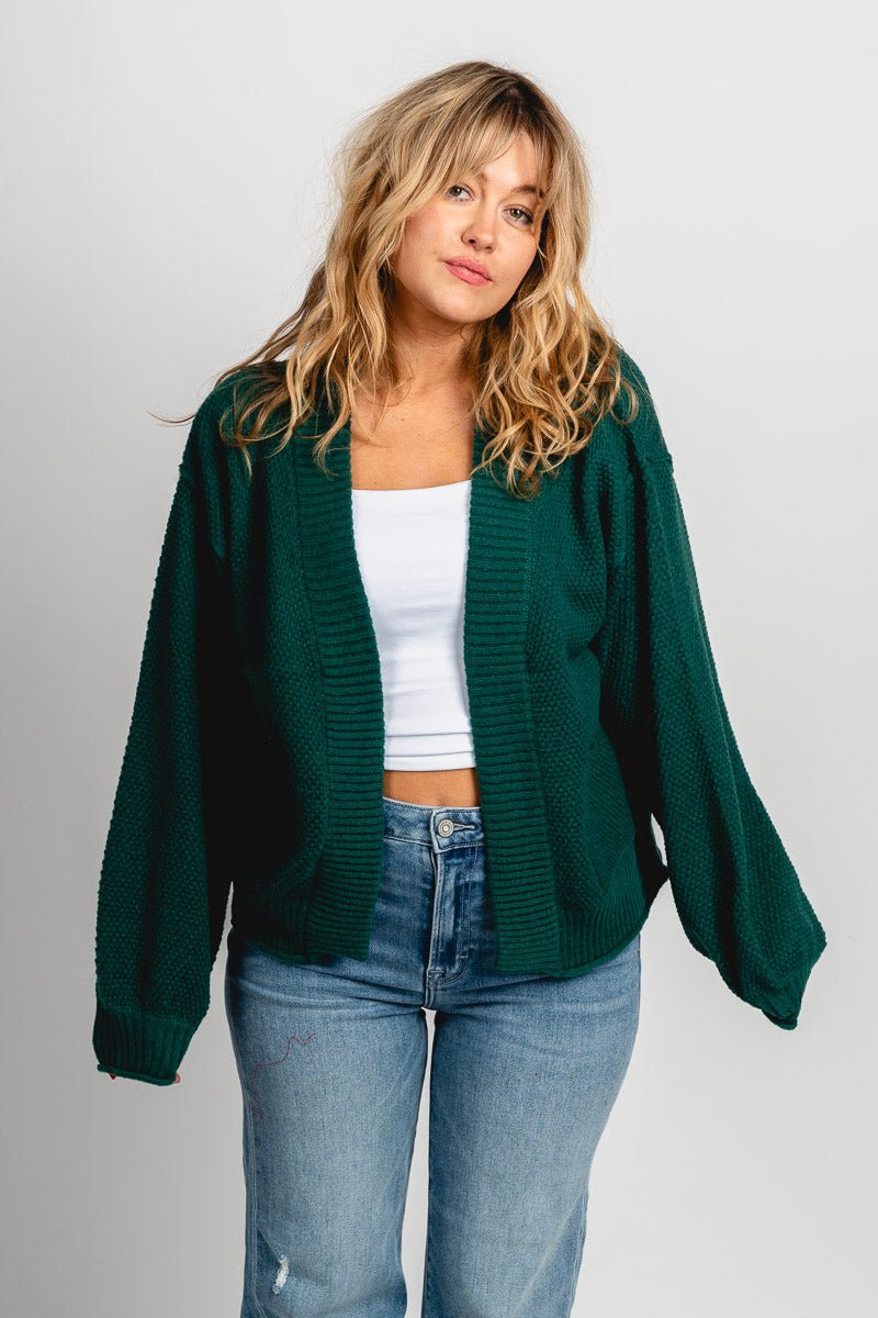 Waffle knit cardigan dark green - Cute Cardigan - Trendy Cardigans & Stylish Kimonos at Lush Fashion Lounge Boutique in Oklahoma City