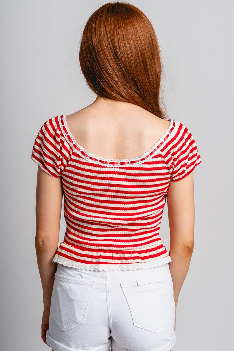Lace trim striped top red/white