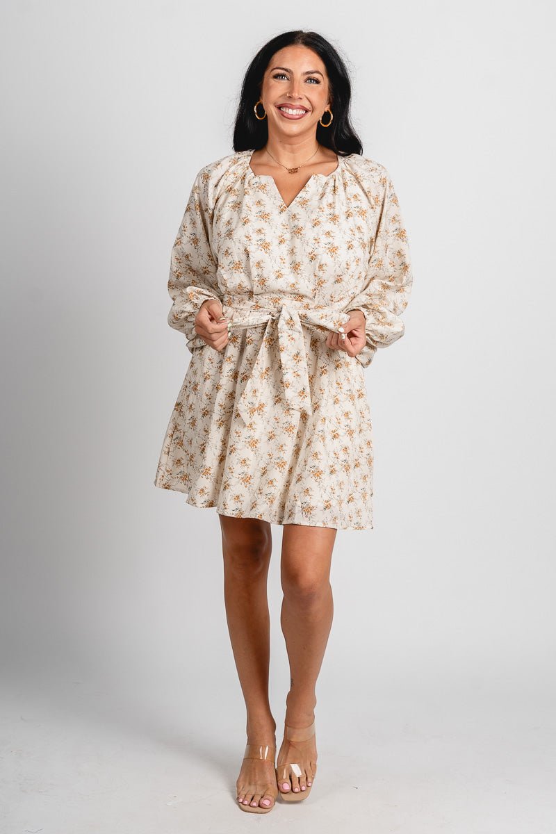 Floral long sleeve dress cream Stylish dress - Womens Fashion Dresses at Lush Fashion Lounge Boutique in Oklahoma City