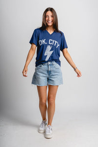 OK City bolt v-neck t-shirt navy - Trendy OKC Thunder T-Shirts at Lush Fashion Lounge Boutique in Oklahoma City