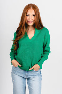 Collared v-neck sweater green – Stylish Sweaters | Boutique Sweaters at Lush Fashion Lounge Boutique in Oklahoma City