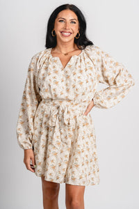 Floral long sleeve dress cream - Affordable dress - Boutique Dresses at Lush Fashion Lounge Boutique in Oklahoma City