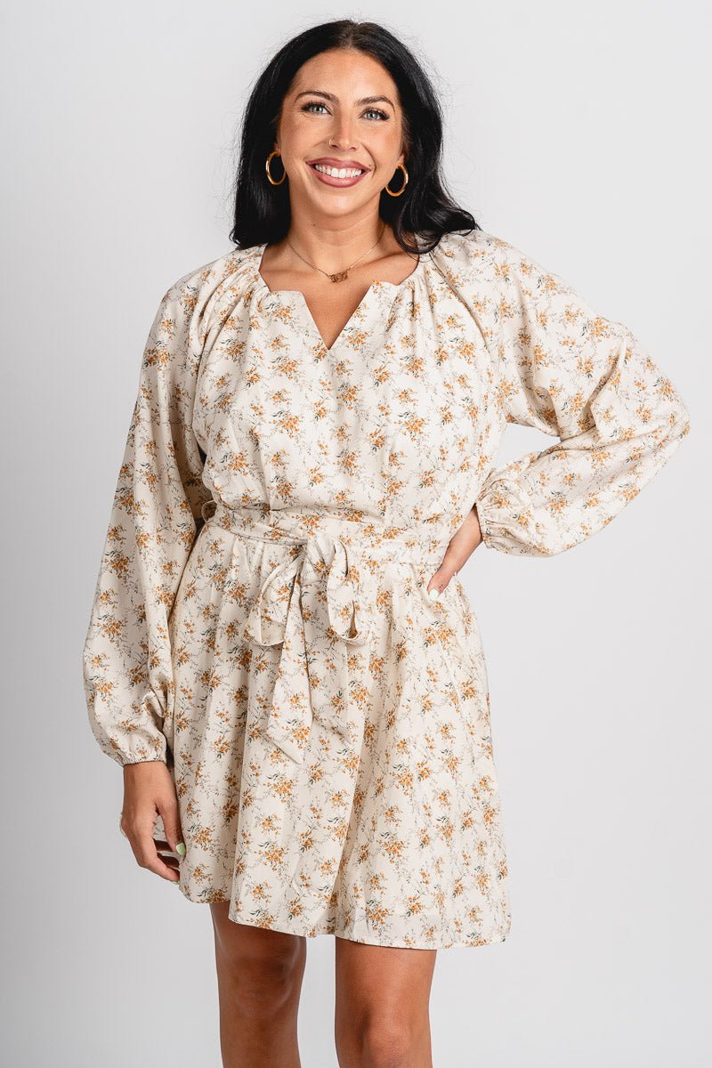 Floral long sleeve dress cream - Affordable dress - Boutique Dresses at Lush Fashion Lounge Boutique in Oklahoma City