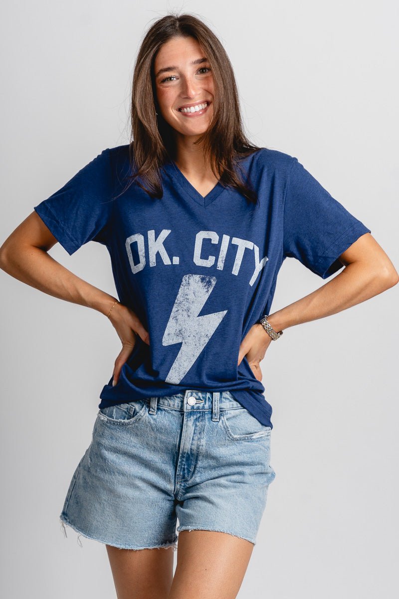 OK City bolt v-neck t-shirt navy - Trendy Oklahoma City Basketball T-Shirts Lush Fashion Lounge Boutique in Oklahoma City