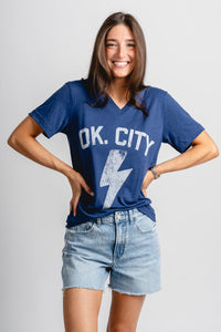 OK City bolt v-neck t-shirt navy - Trendy OKC Apparel at Lush Fashion Lounge Boutique in Oklahoma City