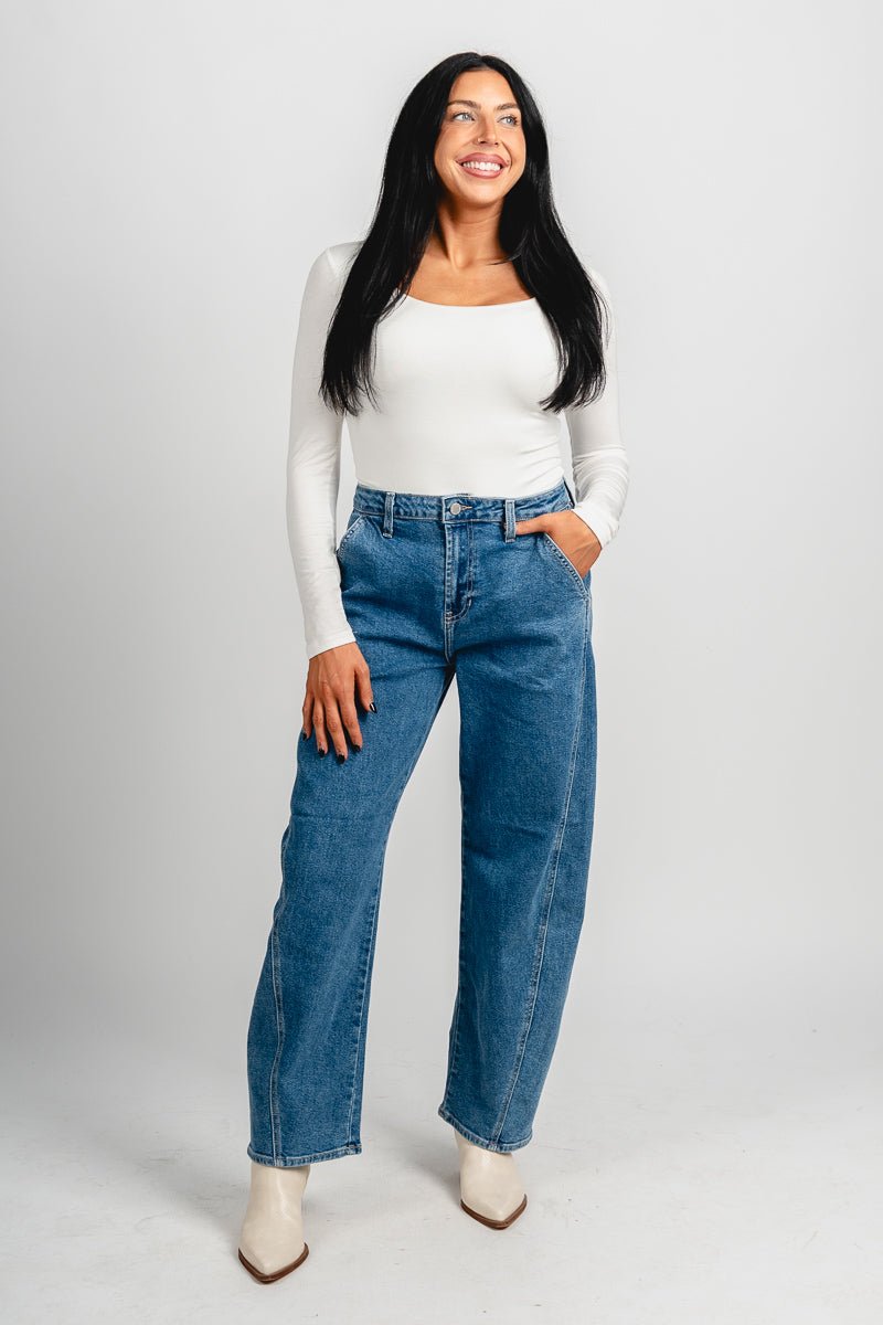 Just USA high rise trouser barrel jeans medium blue | Lush Fashion Lounge: boutique women's jeans, fashion jeans for women, affordable fashion jeans, cute boutique jeans