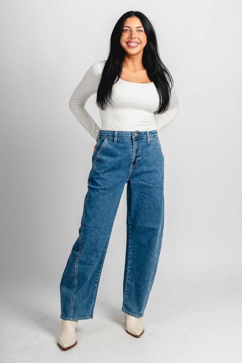 Just USA high rise trouser barrel jeans medium blue | Lush Fashion Lounge: boutique women's jeans, fashion jeans for women, affordable fashion jeans, cute boutique jeans