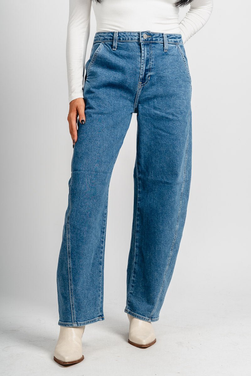 Just USA high rise trouser barrel jeans medium blue | Lush Fashion Lounge: boutique women's jeans, fashion jeans for women, affordable fashion jeans, cute boutique jeans