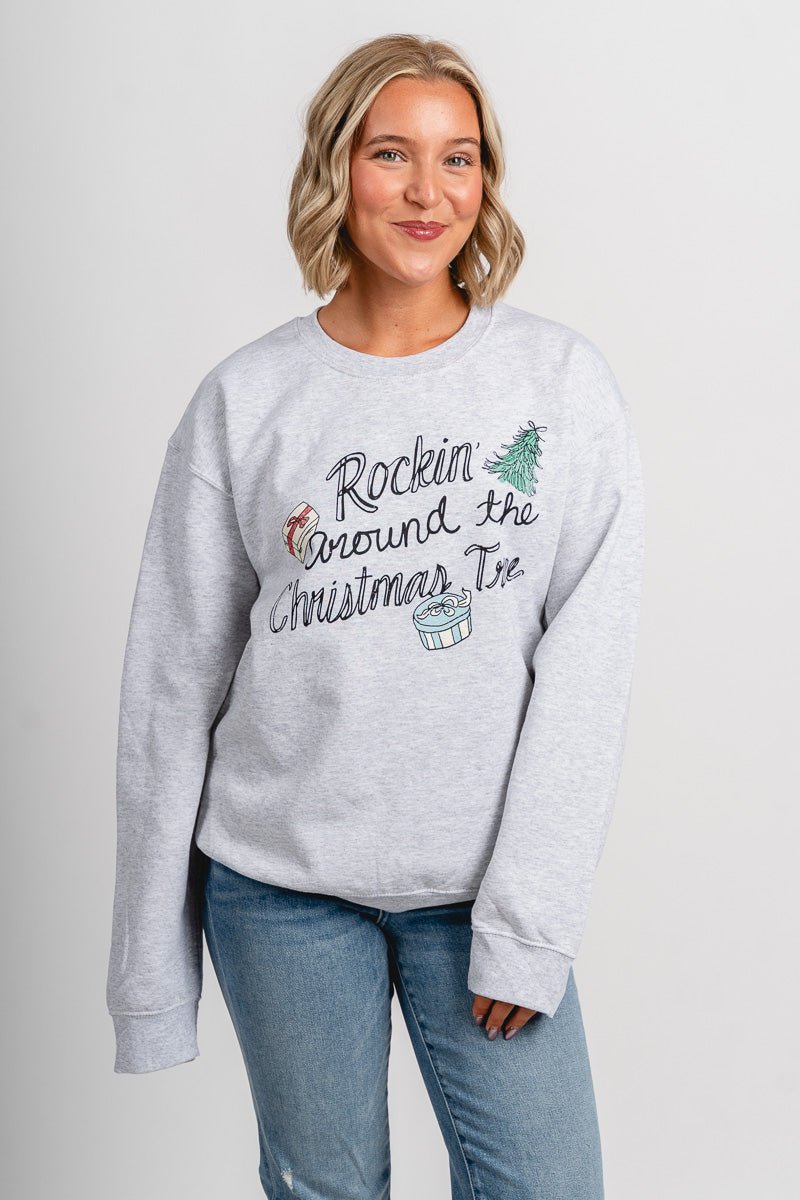 Rockin' around the Christmas tree sweatshirt ash - Trendy Holiday Apparel at Lush Fashion Lounge Boutique in Oklahoma City