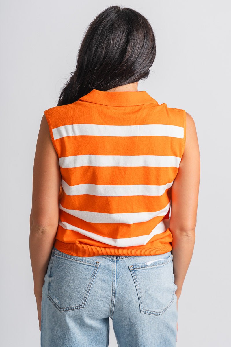 Striped sleeveless collared tank top orange/white Stylish tank top - Womens Fashion Tank Tops at Lush Fashion Lounge Boutique in Oklahoma City