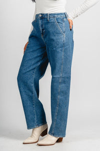 Just USA high rise trouser barrel jeans medium blue | Lush Fashion Lounge: boutique women's jeans, fashion jeans for women, affordable fashion jeans, cute boutique jeans