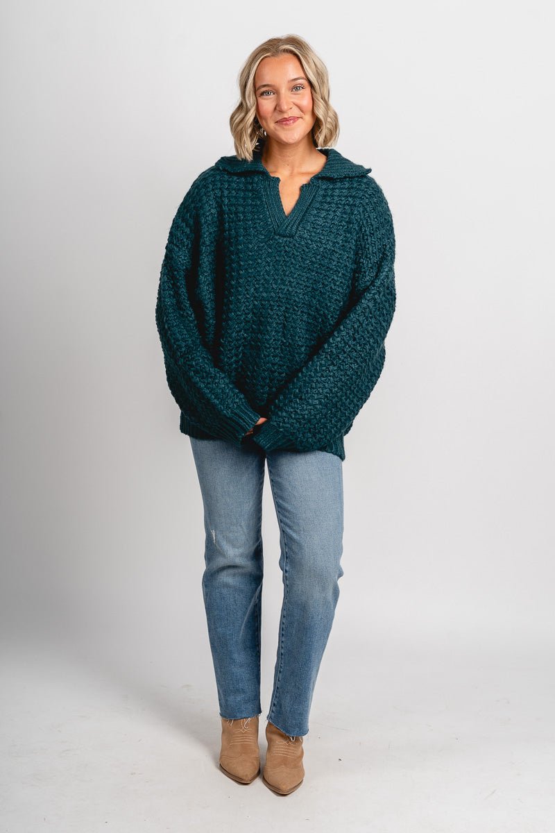 Collared boxy sweater hunter green - Exclusive Collection of Holiday Inspired T-Shirts and Hoodies at Lush Fashion Lounge Boutique in Oklahoma City