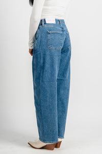 Just USA high rise trouser barrel jeans medium blue | Lush Fashion Lounge: boutique women's jeans, fashion jeans for women, affordable fashion jeans, cute boutique jeans