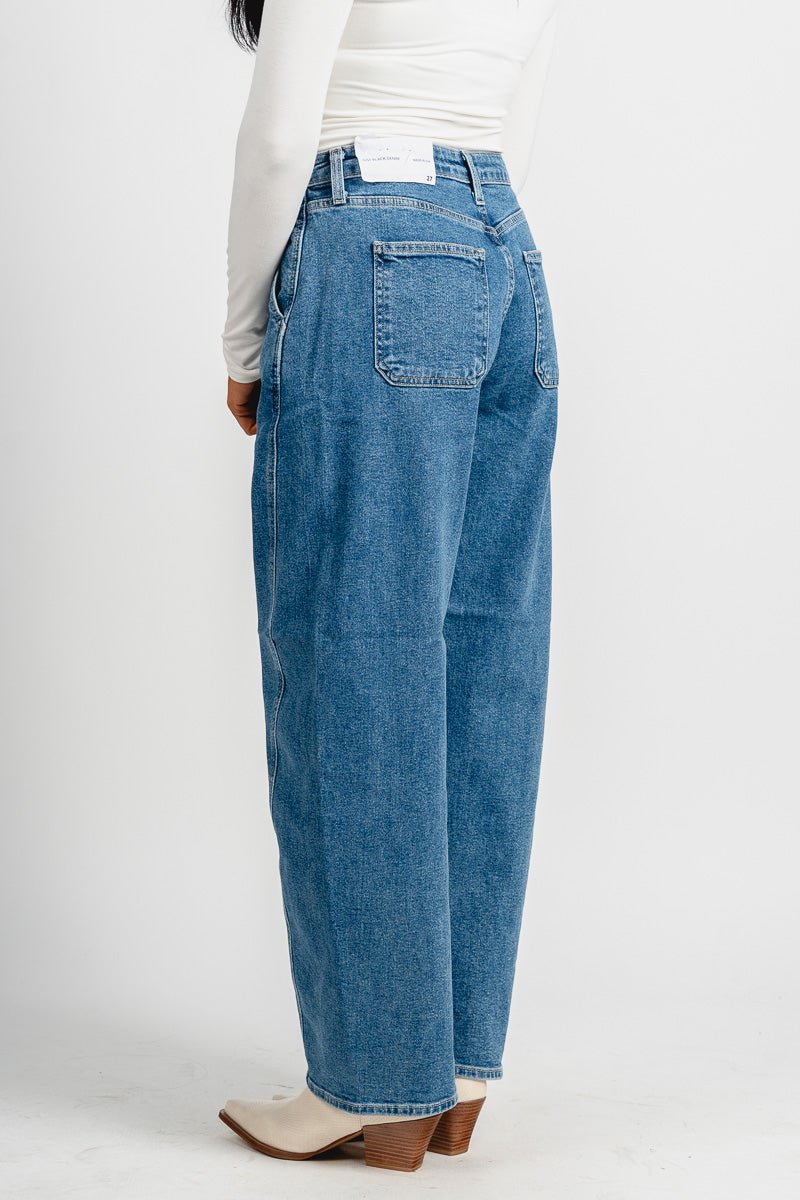 Just USA high rise trouser barrel jeans medium blue | Lush Fashion Lounge: boutique women's jeans, fashion jeans for women, affordable fashion jeans, cute boutique jeans